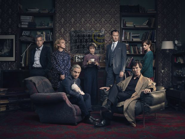 Sherlock, Season 4 Sundays, January 1 - 15, 2017 on MASTERPIECE Mystery! on PBS Picture shows: D.I. Lestrade (RUPERT GRAVES), Mary Watson (AMANDA ABBINGTON), John Watson (MARTIN FREEMAN), Mrs Hudson (UNA STUBBS), Mycroft Holmes (MARK GATISS), Sherlock Holmes (BENEDICT CUMBERBATCH) and Molly Hooper (LOUISE BREALEY). Courtesy of Todd Antony/Hartswood Films 2016 for MASTERPIECE