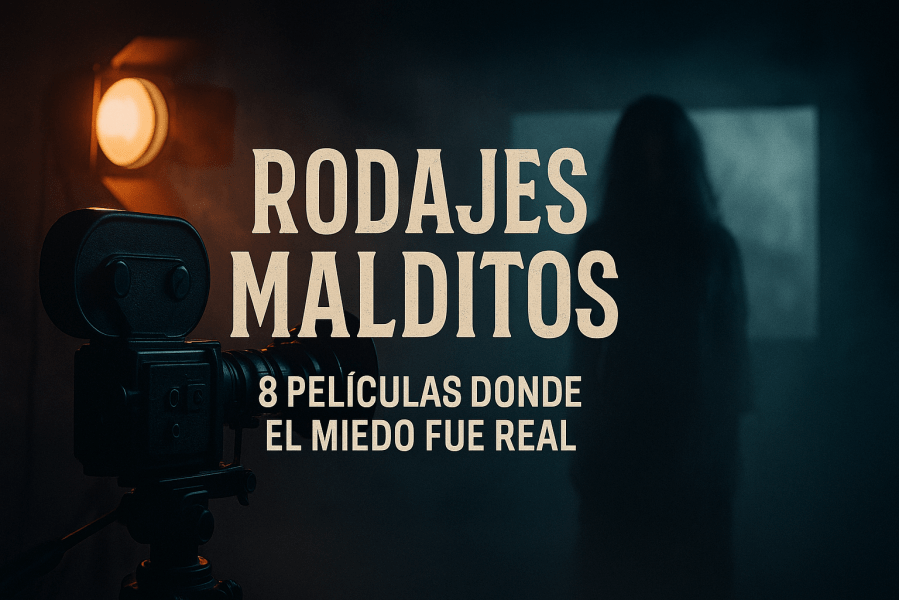Banner cinematográfico oscuro con una cámara antigua enfocando un set de rodaje envuelto en humo y luces tenues, creado para el especial Rodajes malditos: 8 películas donde el miedo fue real en Cinedosmil.