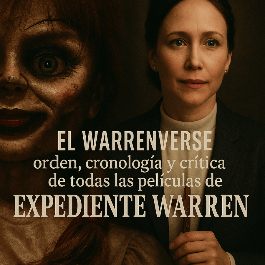 Imagen promocional del artículo sobre el universo de Expediente Warren, con Annabelle a la izquierda y Lorraine Warren a la derecha sosteniendo un rosario. Diseño oscuro y atmosférico que evoca el terror característico del Warrenverse.