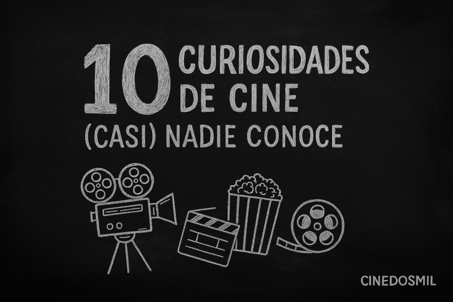 Ilustración estilo pizarra con iconos de cine y el título “10 curiosidades de cine (casi) nadie conoce”, con firma Cinedosmil.