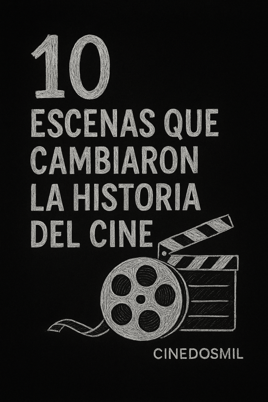 Diseño en estilo pizarra con el título “10 escenas que cambiaron la historia del cine” y elementos de cine dibujados en blanco sobre fondo negro.