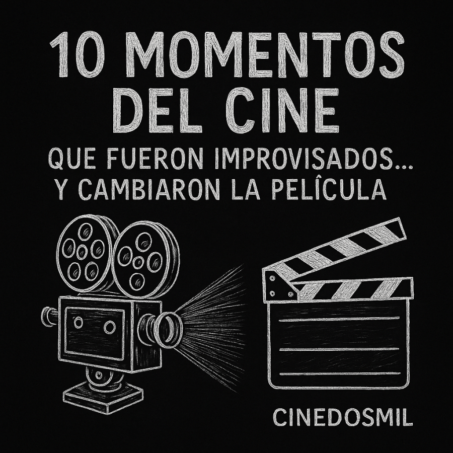 Ilustración estilo pizarra con cámara de cine, claqueta y el título “10 momentos del cine que fueron improvisados… y cambiaron la película”, diseño para Cinedosmil.