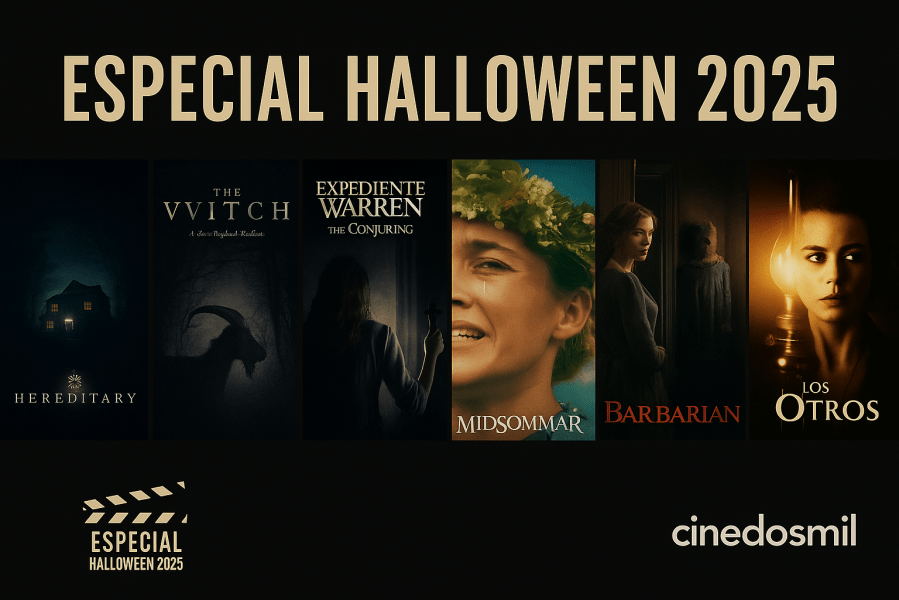 Collage de películas de terror para el Especial Halloween 2025 de Cinedosmil, con pósters de Hereditary, The Witch, The Conjuring, Midsommar, El orfanato, Barbarian y Los otros.