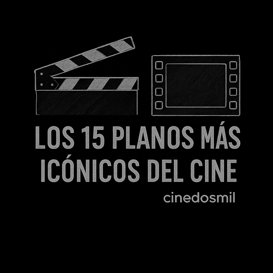 Ilustración minimalista en estilo tiza de una claqueta y un fotograma sobre fondo negro, con el título Los 15 planos más icónicos del cine y la firma Cinedosmil.