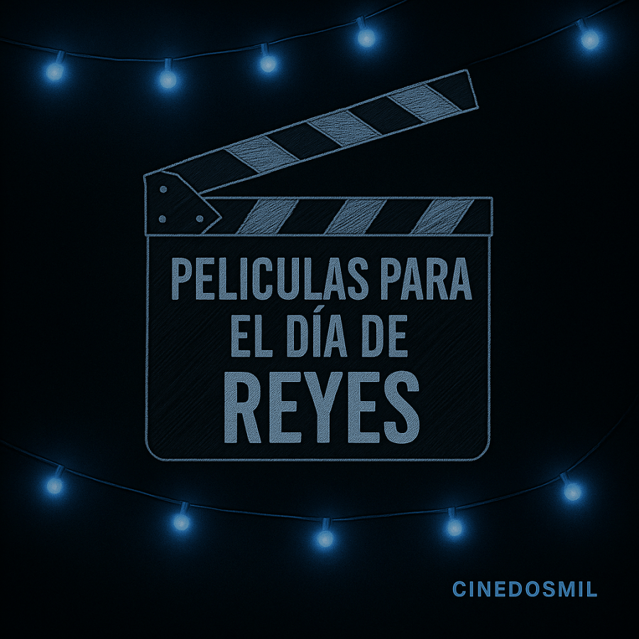 Clapperboard con luces azules y texto “Películas para el Día de Reyes” en estilo minimalista, diseño de Cinedosmil.