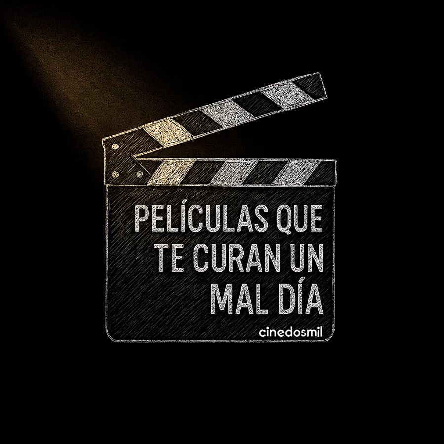 Imagen minimalista de una claqueta de cine iluminada por una luz cálida, con la frase “Películas que te curan un mal día” y la marca Cinedosmil en la parte inferior.