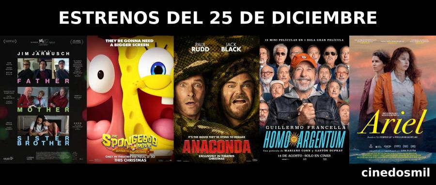 Estrenos de cine del 25 de diciembre de 2025 con Father Mother Sister Brother, Bob Esponja, Anaconda, Homo Argentum y Ariel